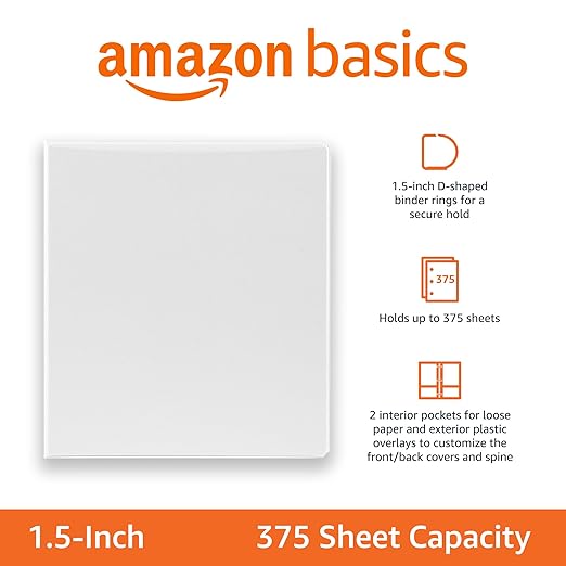 Amazon Basics 3 Ring Binders, 1.5 Inch D-Ring Organizer for School, Home Office, White, 4 Pack