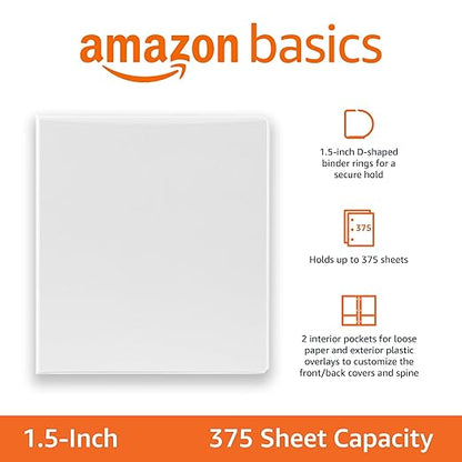 Amazon Basics 3 Ring Binders, 1.5 Inch D-Ring Organizer for School, Home Office, White, 4 Pack