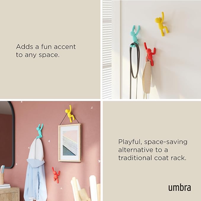 Umbra Buddy Wall Hooks – Decorative Wall Mounted Coat Hooks for Hanging Coats, Scarves, Bags, Purses, Backpacks, Towels and More, Set of 3, Red/Blue/Yellow