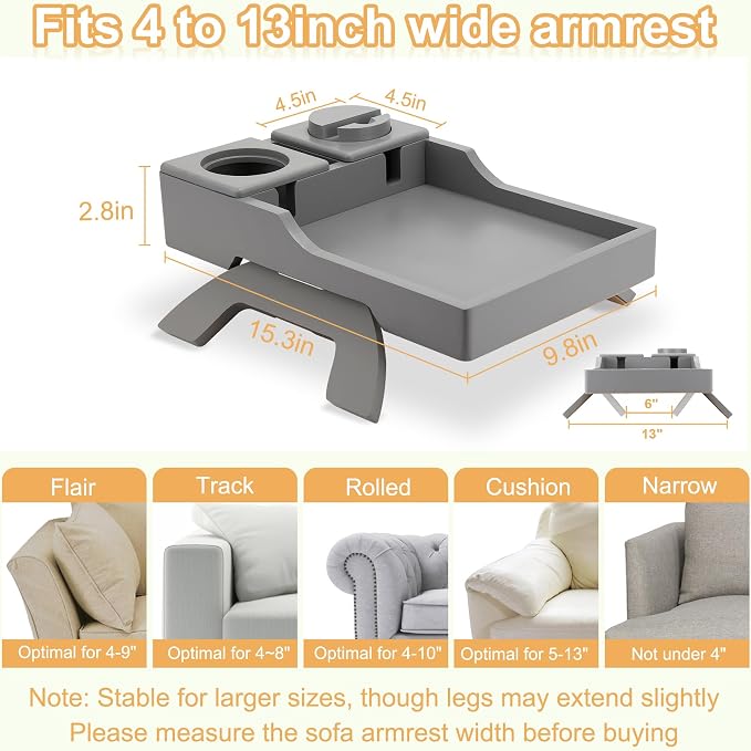 Couch Arm Table Tray, 15.3" x 9.8" Large Bamboo Couch Arerest Table for Cup Holder, Adjustable Sofa Arm Clip Tray Table with Rotated Phone Holder