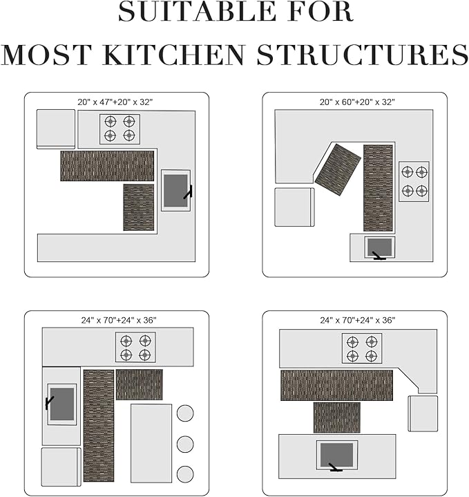 Kitchen Rugs Sets of 2-Non Slip Kitchen Mats for Floor-Thick Stain Resistant Vintage Kitchen Floor Mat Runner Carpet for Hallways Entryway Laundry Room Washable（Black 20"x47"+20"x32"）
