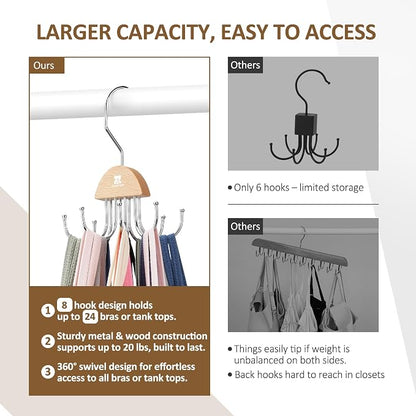 ZEDODIER 2 Pack Tank Top Hanger, Rotatable Bra Organzier for Closet, Max 48 Storage Capacity Sport Bra Holder, Space Saving Closet Organizers and Storage, Natural
