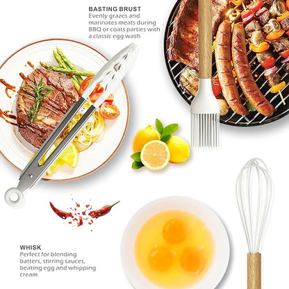 oannao Silicone Cooking Utensils Set - 446°F Heat Resistant Silicone Kitchen Utensils for Cooking,Kitchen Utensil Spatula Set w Wooden Handles for Non-Stick Cookware, BPA FREE (Cream White)