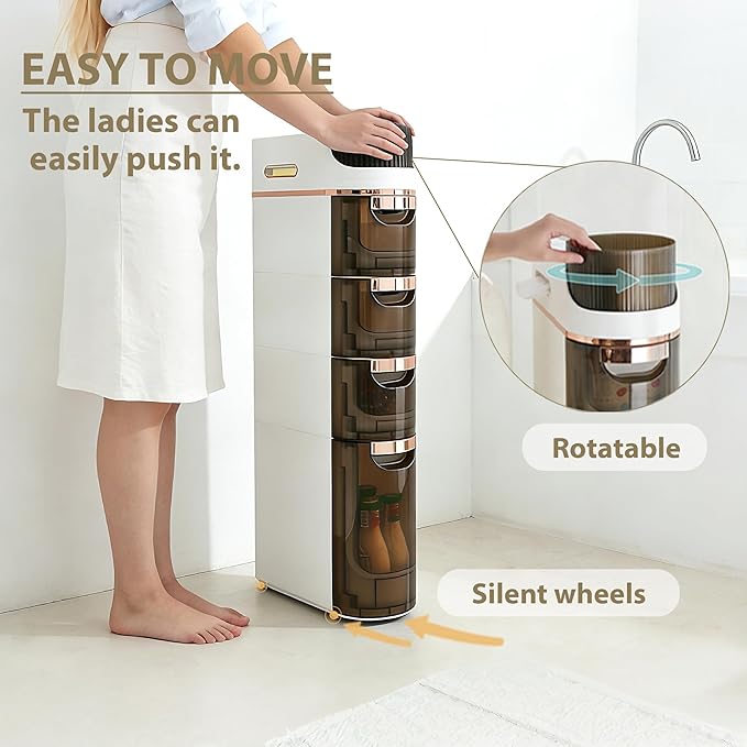 BGYMF 3-Tier Slim Bathroom Storage Cabinet,Slim Cabinet for Bathroom,Narrow Rolling Storage Cart with Wheels, White Plastic Organizer for Small Spaces, Kitchen, Laundry Room, Corner