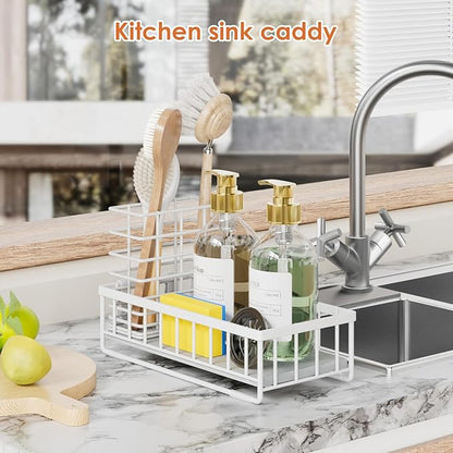 OVICAR Kitchen Sink Caddy Organizer - Sponge Holder with Dish Brush Holders - Instant Dry Waterproof Soap Dispenser Non-Slip Countertop Sink Caddy for Kitchen Bathroom White