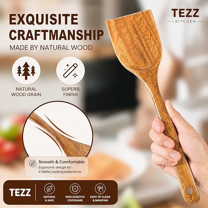 Wood Kitchen Utensils Set, 5 PCs Natural Acacia Wooden Spoons For Cooking for Non-stick Skillet, Utensil set For Cooking With Soup Ladle and Wok Spatulas, Salad fork, Spurtles for Cooking