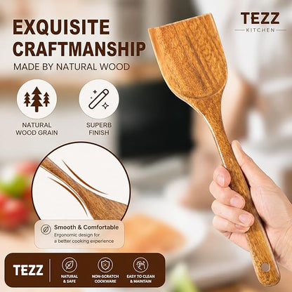 Wood Kitchen Utensils Set, 5 PCs Natural Acacia Wooden Spoons For Cooking for Non-stick Skillet, Utensil set For Cooking With Soup Ladle and Wok Spatulas, Salad fork, Spurtles for Cooking
