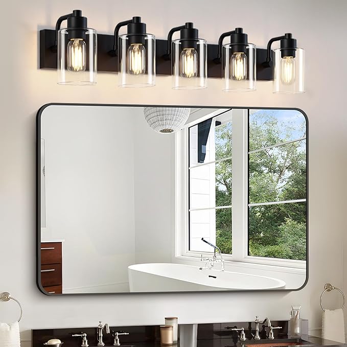 Matte Black Bathroom Light Fixtures,5-Light Bathroom Lights Over Mirror with Clear Glass Shade,Wall Sconces for Bathroom, Bedroom, Hallway