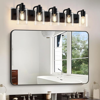 Matte Black Bathroom Light Fixtures,5-Light Bathroom Lights Over Mirror with Clear Glass Shade,Wall Sconces for Bathroom, Bedroom, Hallway