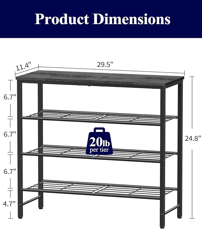 Kitsure Shoe Rack for Closet, Shoe Organizer with Leveling Feet, Sturdy & Rust-Proof Shoe Storage for Entryway, Bedroom, Living Room, 29.5" x 11.4" x 24.8", Black
