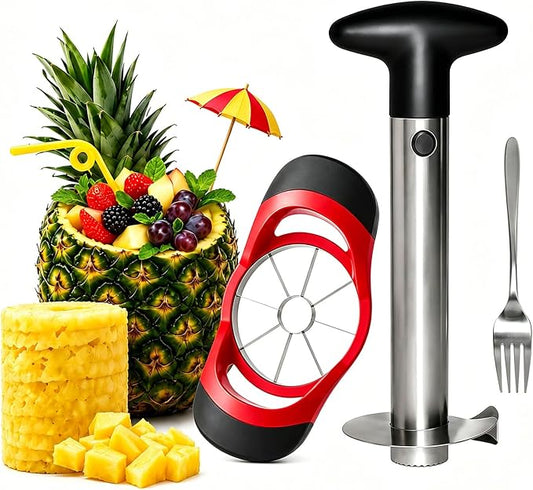 Pineapple Corer and Slicer, Stainless Steel Pineapple Cutter and Peeler Set, Robust Thick Blade, Effortless Slicing for Rings and Dices, Black Handle, Easy to Clean