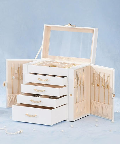 Jewelry Box with 4 Drawers: Display Organizer for Earrings Necklaces - Christmas Gifts for Girls Women (White)