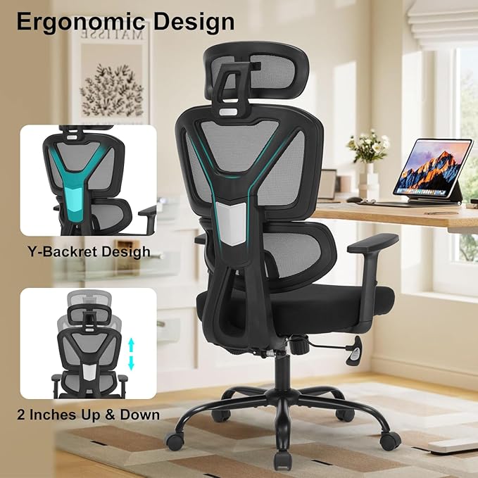 Home Office Chair, Ergonomic Desk Chair with Adjustable Height, Lumbar Support, High Back Mesh Computer Chair with Flip up Armrests, Task Chairs for Home Office - 300lb Executive Chairs (Black)