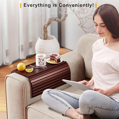 Bestjing Bamboo Sofa Armrest Tray Table for Couch - 2-in-1 Foldable Couch Arm Table with Be Slide Detachable Tray- Anti-Slip Sofa Armchair Caddy for Drinks Cellphone TV Remote Snacks(Walnut)