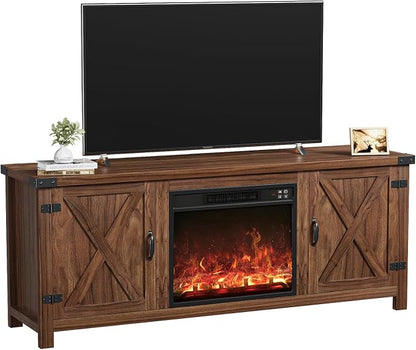 YESHOMY Fireplace TV Stand with Two Barn Doors and Storage Cabinets for Televisions up to 65+ Inch, Entertainment Center Console Table, Media Furniture for Living Room, 58 Inch, Brown