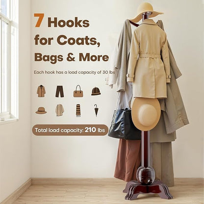 Hall Tree, Freestanding Wood Tree Rack with 7 Hooks, Coat Rack with Stable Sphere Base, Wooden Coat Rack Stand, Load 210 lb, Coat Hanger Stand for Entryway, Hallway, Bedroom (Black-Red)