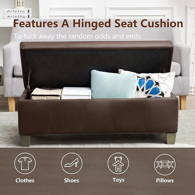41" Storage Ottoman, Storage Bench with Safety Hinge, Upholstered Synthetic Leather Ottoman Bench for Bedroom, Living Room, Entryway, Hallway, Foot Rest, Support 500lbs, Brown