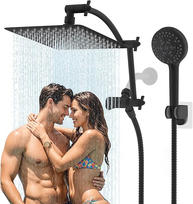 Hibbent All Metal cUPC Certified Shower Head, 10'' High Pressure Rain Shower Head, Handheld Showerhead Combo with 16'' Adjustable Extension Arm, 10 Sprays, 71'' Hose, Showerhead Holder, Matte Black