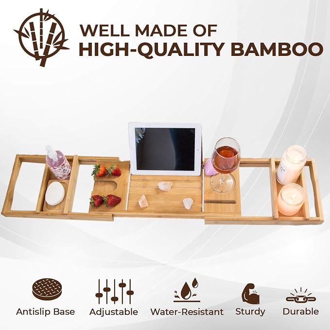 Premium Bamboo Bathtub Tray Caddy for Tub - Expandable Foldable Bath Tray - Unique House Warming Gifts, New Home, Anniversary & Wedding Gifts for Couple, Bath Table Bridal Shower Gift