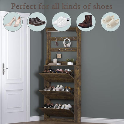 BORNOON Shoe Cabinet with 3 Flip Drawers & Coat Rack, Narrow Hidden Shoe Storage Cabinet, 2-in-1 Hall Tree Slim Freestanding Shoe Rack Organizer for Entryway, Hallway, and Living Room
