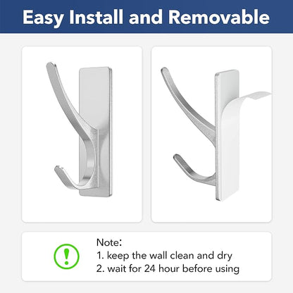 pickpiff Silver Self Adhesive Coat Hooks for Hanging: 13LB Extra Strong Stainless Wall Hook for Towel, Utensil, Backpack, Hat, Sturdy Metal Hanger for Bathroom, Kitchen, Door, 4-Pack