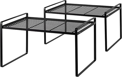 Shantton 2Pack Kitchen Cabinet Shelf Counter Organizer Rack Pantry Storage Bathroom Bedroom Office Table Desk Space Saving Stackable Rust Resistant Non Slip Black Tall Wide L16.1in W10.6in H9.5in