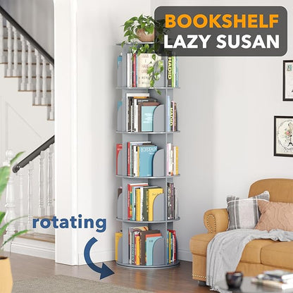 SpaceAid 5 Tier Rotating Bookshelf Tower, Spinning Bookcase Lazy Susan, Revolving 360 Book Shelf Storage Round Carousel, Vertical Rotate Turning Spiral Corner Organizer, Gray