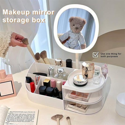 DASITON Makeup Organizer with Rechargeable Mirror,Makeup Brush Holder with 2 Drawers,Skincare and Cosmetics Organizer Countertop,Large Capacity Cosmetic Display Case for Vanity,Bedroom,Bathroom(White)