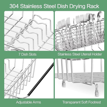 Fanbsy Large Dish Drainer Rack in Sink Adjustable, Expandable 304 Stainless Steel Metal Dish Drying Rack Organizer with Stainless Steel Utensil Holder Over Inside Sink Counter, Rustproof