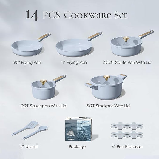 CAROTE Ceramic Cookware Set Nonstick, 14pcs Pots and Pans Set Nonstick, Non-Toxic & PFAS-Free, Dishwasher, RV/Camping Cookware Set, Cooking Pots with Lids, Pastel Blue