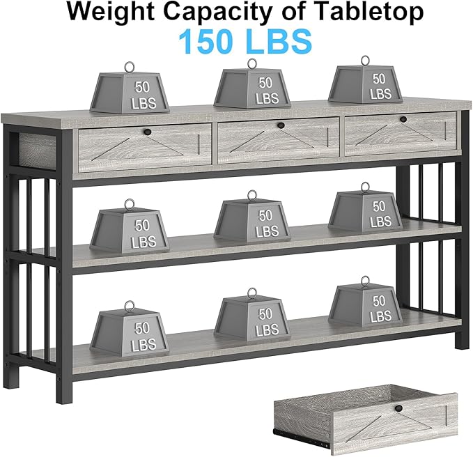 HSH Sofa Table with 3 Drawers, 55" Entryway Table with Storage Shelf, Console Table with Drawers Behind Couch for Living Room, Farmhouse Wood Metal Front Door Table for Entry Hallway, Light Grey Oak