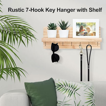 Decorative Key Holder for Wall with Shelf, Entryway Shelf with Hooks Holds Leashes, Jackets and Glasses – Sturdy Wood Keyholder Entrance Hanger with Mounting Hardware (Wood, Large)