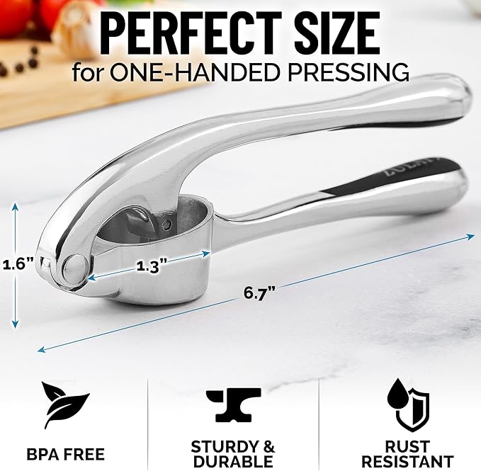 Zulay Kitchen Premium Garlic Press Set - Rust Proof Professional Garlic Mincer Tool - Easy-Squeeze, Easy-Clean with Soft, Ergonomic Handle - Silicone Garlic Peeler & Brush (Chrome)