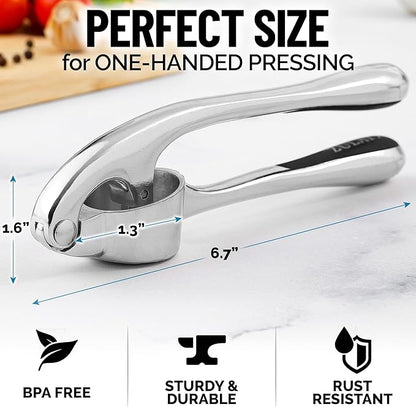Zulay Kitchen Premium Garlic Press Set - Rust Proof Professional Garlic Mincer Tool - Easy-Squeeze, Easy-Clean with Soft, Ergonomic Handle - Silicone Garlic Peeler & Brush (Chrome)