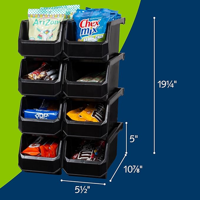 ReadySpace Plastic Containers for Organizing and Storage Bins for Closet, Kitchen, Office, Garage or Pantry Organization, Stackable Bins, Medium (11" x 5" x 5.5"), 8-Pack, Black