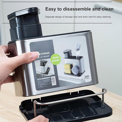 Irishom Stainless Steel Sponge Holder 3 in 1 Soap Dispenser Kitchen Sink Organizer with Drain Holes Sink Soap Pump and Holder
