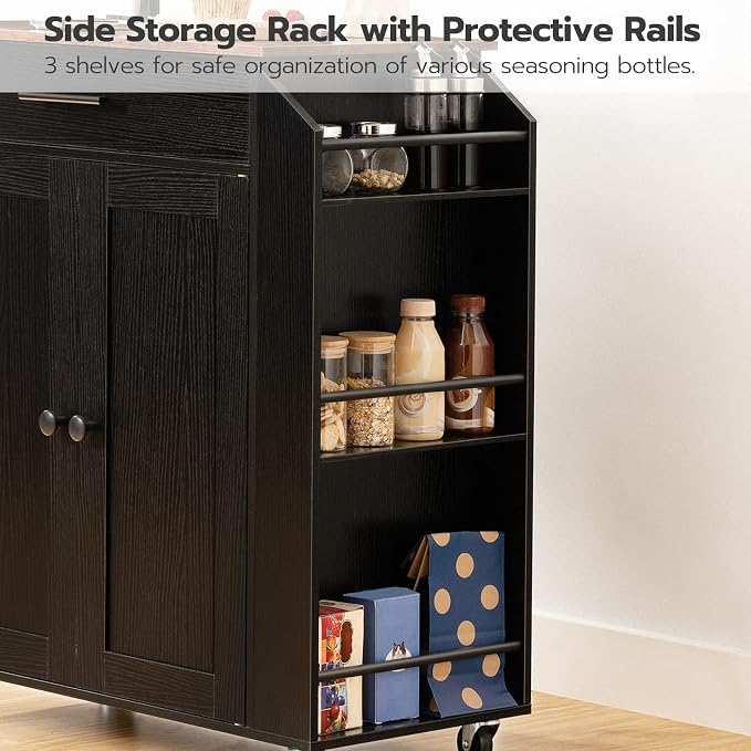 HOOBRO Kitchen Island with Power Outlet, Storage Island with Spice Rack and Drawer, Rolling Kitchen Cart on Wheels, for Home, Dining Room, Rustic Brown and Black