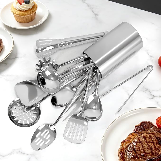 304 Stainless Steel Cooking Utensils Set for Stainless Steel Sleek Kitchen Utensil Holder, 12 PCS Large Metal Cooking Utensil Tools Set with Holder,Fork,Spatulas,Spoons,Skimmer,Ladle,Pasta Server,Tong