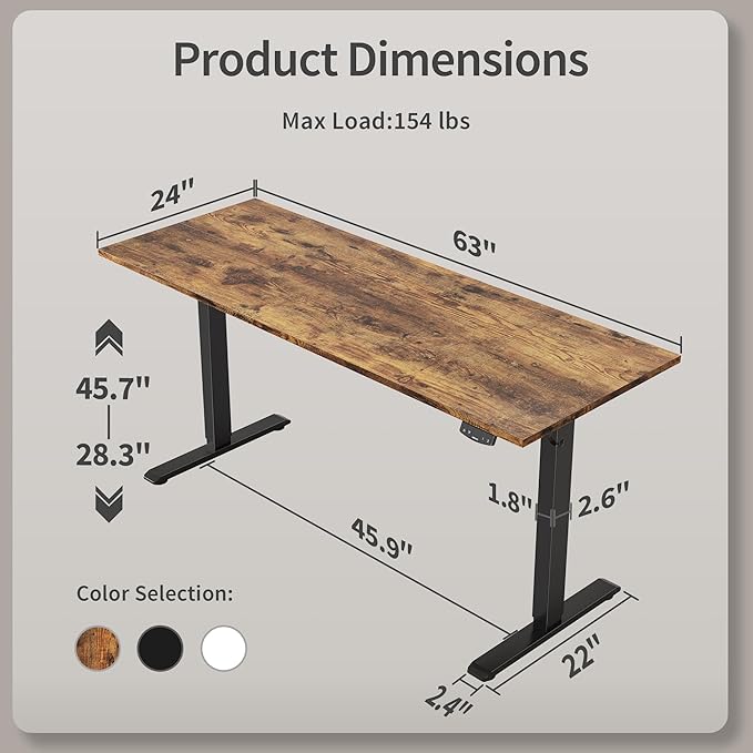 Agilestic Electric Standing Desk, Large 63 x 24 Inches Height Adjustable Desk, Sit Stand up for Work Office Home, Ergonomic Rising Computer Table with Memory Preset, Rustic Brown