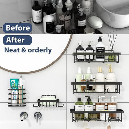 Liuoud 10 Pack Shower Caddy Organizer Rack Shelf for Inside Shower, Self Adhesive Wall Storage Basket Rustproof Stainless Steel Shampoo Holder Bathroom Accessory Decor Set, Black