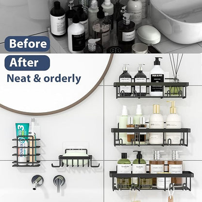 Liuoud 5 Pack Shower Caddy Organizer Rack Shelf for Inside Shower, Adhesive Bathroom Wall Storage Basket Rustproof Stainless Steel Shampoo Holder, Bathroom Accessory Decor Set, Black.