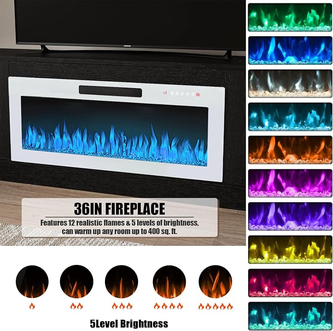 VITESSE TV Stand Fireplace with 36" inch Electric Fireplace Up to 90" TVs, LED Light Entertainment Center, 80" Modern Wood High Gloss with Highlight Storage Cabinet for Living Room (Black)