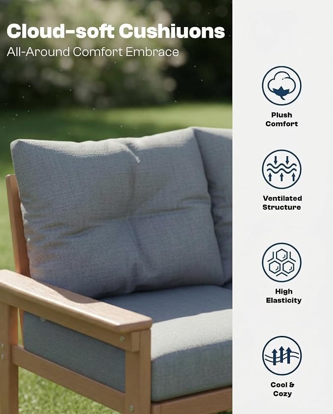 Teak HDPE Outdoor Patio Furniture Set, 10-Piece Patio Conversation Sets with Coffee Table & Washable Thick Cushions, Outdoor Sofa for Garden, Balcony, Porch, Yard, Lawn, Poolside