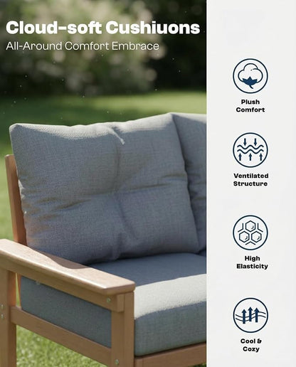 3 Piece HDPE Outdoor Patio Furniture Set, All-Weather 2 Armchairs with Side Table, Patio Conversation Set with Grey Washable Thick Cushion for Balcony/Porch/Backyard (Teak Frame)