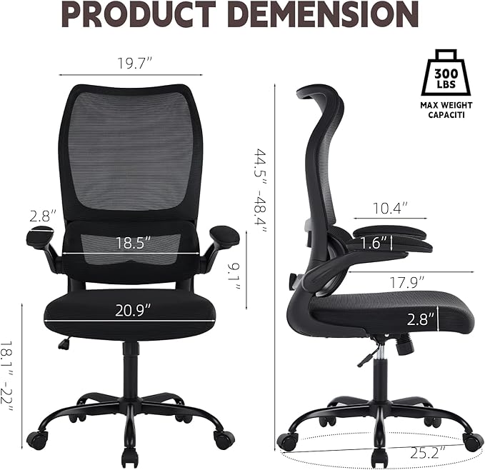 Ergonomic Office Chair, High Back Breathable Mesh Computer Desk Chair with Adjustable Lumbar Support and Flip-Up Armrests, 300LB Capacity Executive Swivel Task Gaming Seat for Home and Office (Black)