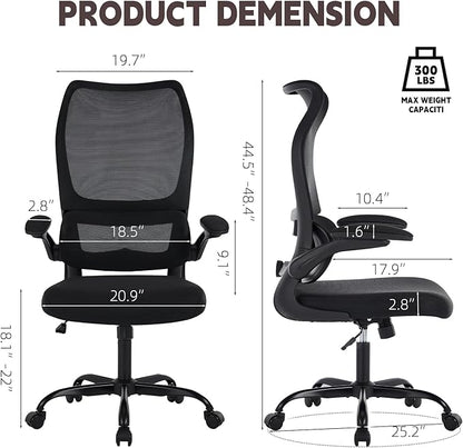Ergonomic Office Chair, High Back Breathable Mesh Computer Desk Chair with Adjustable Lumbar Support and Flip-Up Armrests, 300LB Capacity Executive Swivel Task Gaming Seat for Home and Office (Black)