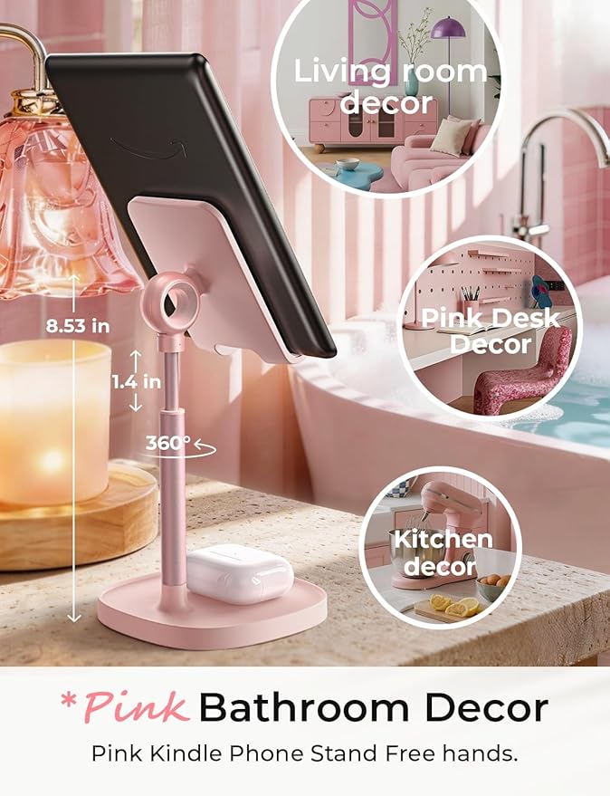 LISEN Pink Phone Stand for Home Desk, Room Vanity Decor Kitchen Accessories, Cute Phone Holder Bathroom Living Dorm Room Essentials Offices Desk Accessories for iPad mini 4-10 in Pink Gifts