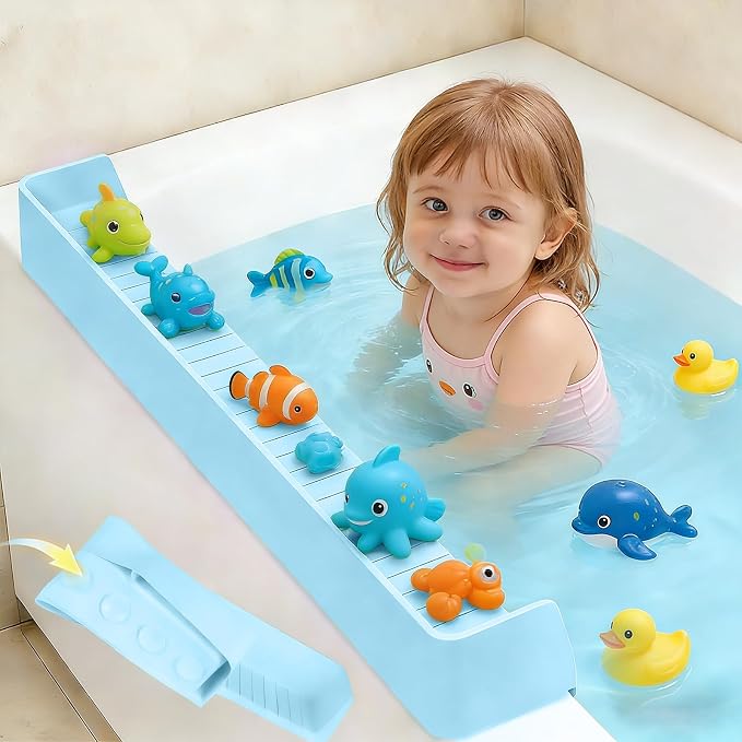 Splash Guard for Bathtub Kids - Silicone Bathtub Splash Guard with 11 Suction Cups, Bath Tub Play Shelf for Kids & Toy Holder, Prevent Water Spill in Bathroom, Fun Bath Time for Toddlers Baby(Blue)