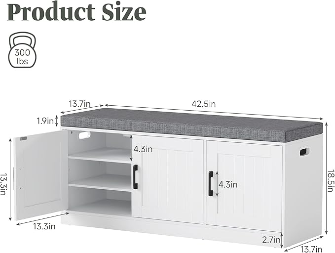 Shoe Storage Bench with Storage Cabinet, 3-Tier Entryway Bench with Padded Seat Cushion, Wood Shoe Cabinet Bench with 4 Adjustable Shelf for Living Room, Bedroom, White