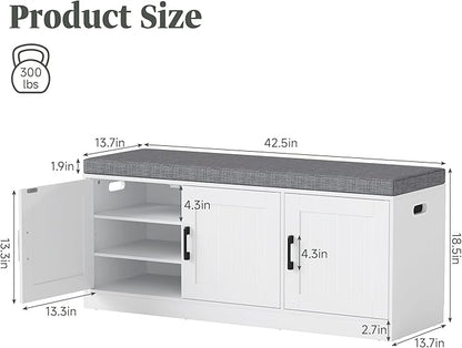 Shoe Storage Bench with Storage Cabinet, 3-Tier Entryway Bench with Padded Seat Cushion, Wood Shoe Cabinet Bench with 4 Adjustable Shelf for Living Room, Bedroom, White